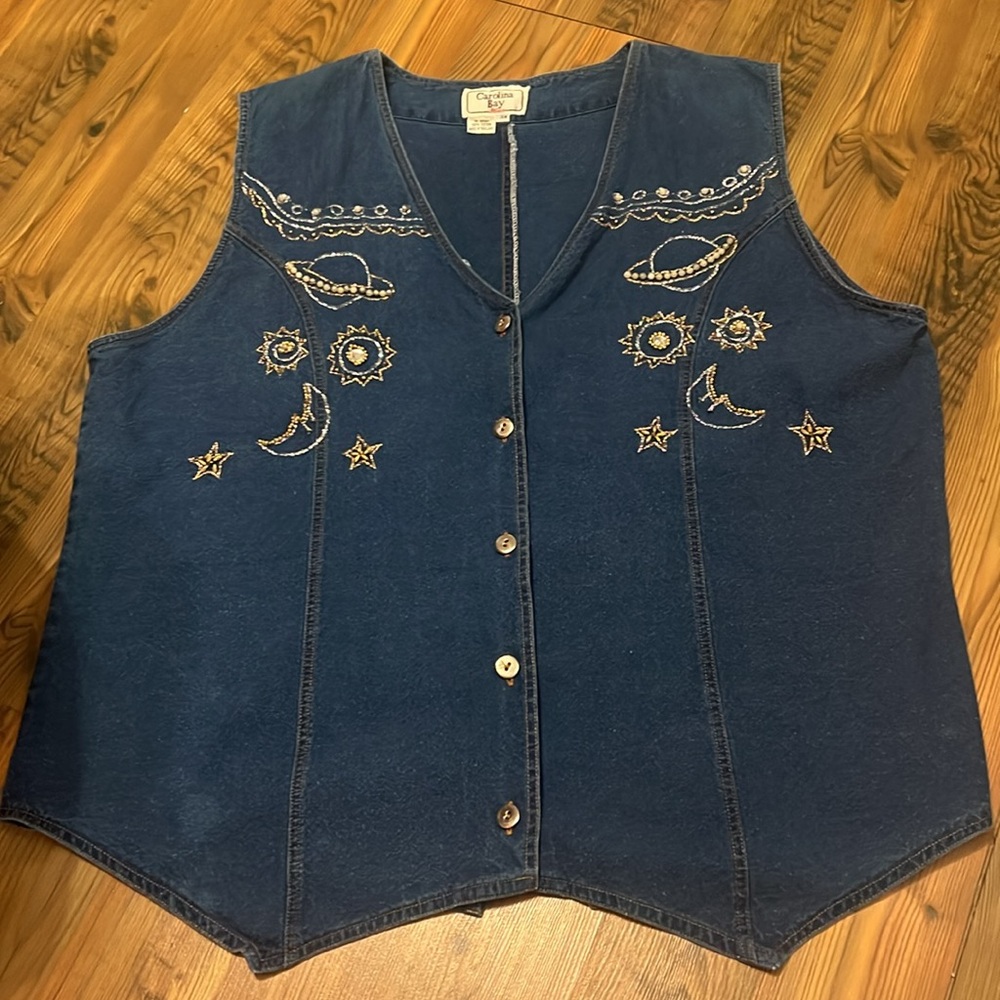 Embroidered Denim Vest with Celestial Design